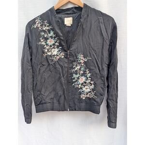 A Moss Womens Full Zip Floral Embroidered Bomber Jacket XS Black Lyocell Blend